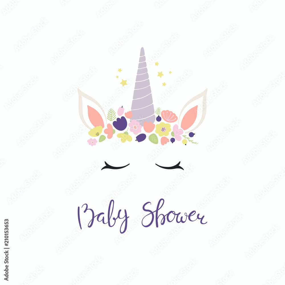 Fototapeta Hand drawn vector illustration of a cute funny unicorn face cake decoration with flowers, lettering quote Baby shower. Isolated objects on white background. Flat style design. Concept children print.