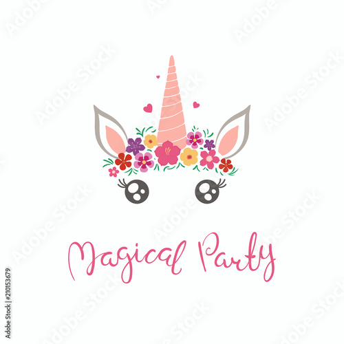 Hand drawn vector illustration of a cute funny unicorn face cake decoration with flowers, lettering quote Magical party. Isolated on white background. Flat style design. Concept for children print.