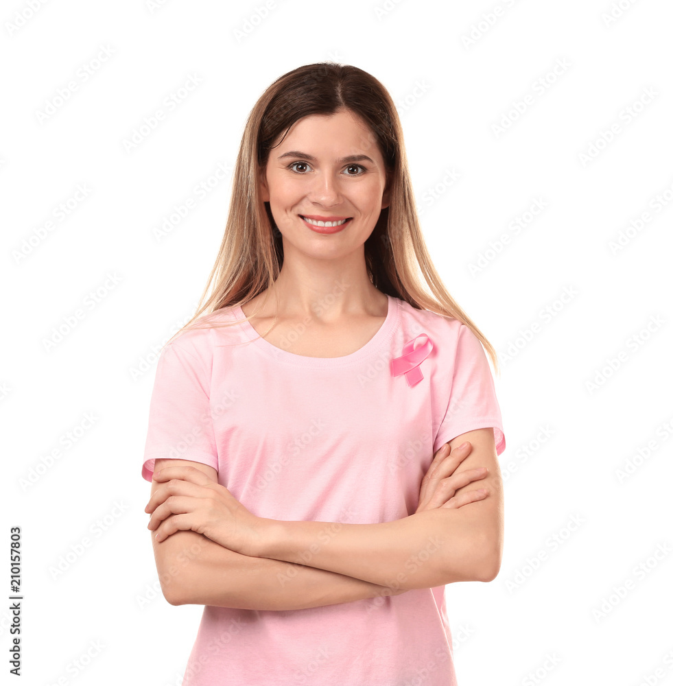 Beautiful woman with pink ribbon on white background. Breast cancer concept Beautiful woman with pink ribbon on white background. Breast cancer concept