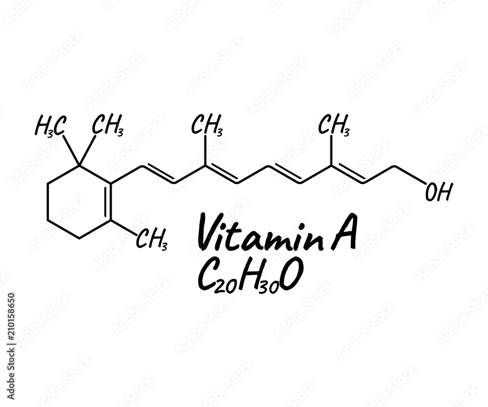 Vitamin A Label and Icon. Chemical Formula and Structure Logo. Vector Illustration