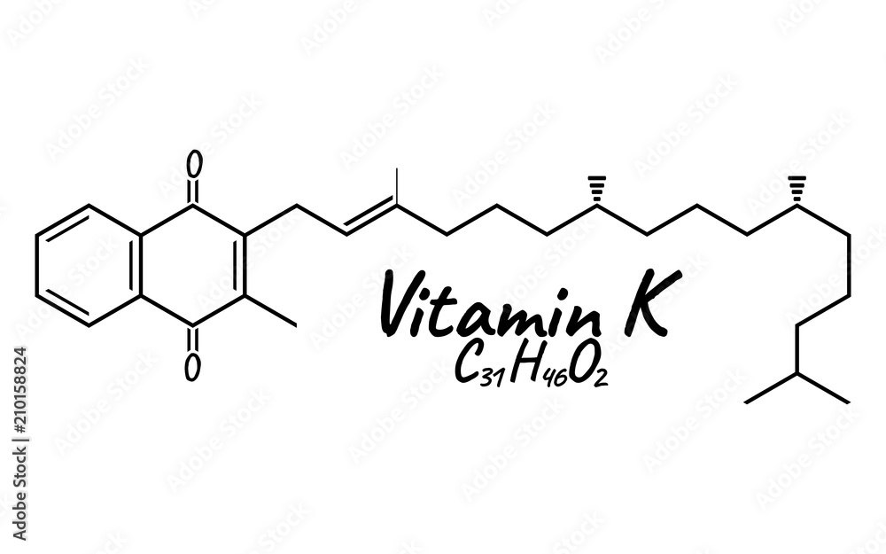Vitamin K Label and Icon. Chemical Formula and Structure Logo. Vector Illustration