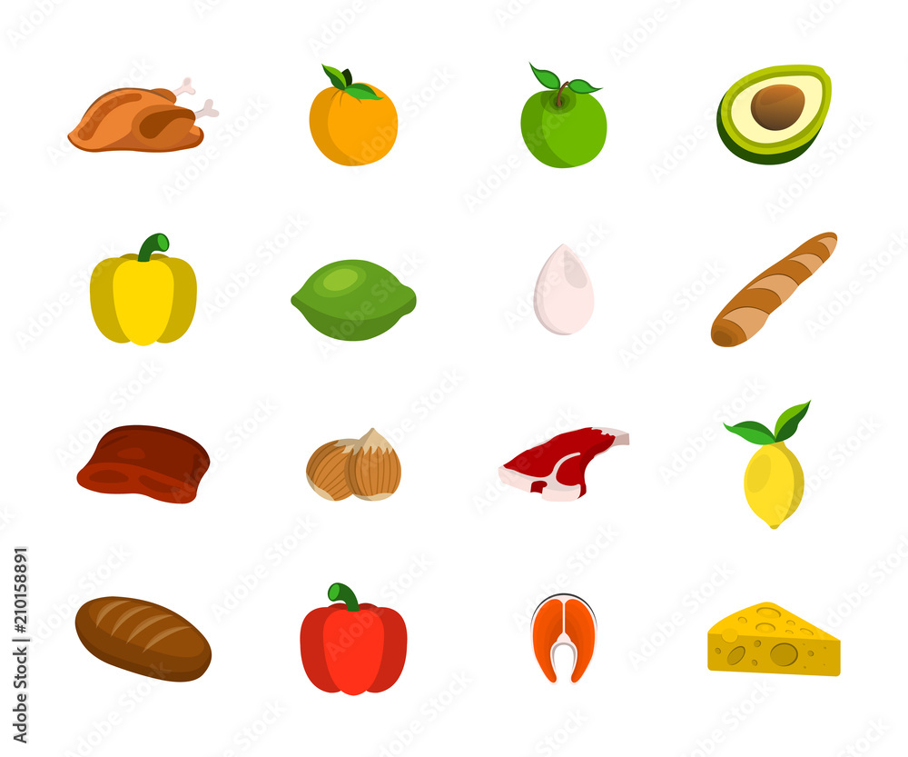 Set of Meat, Fruit, Nut and Vegetables. Food Icon. Cartoon Vector Illustration Set of Meat, Fruit, Nut and Vegetables. Food Icon. Cartoon Vector Illustration