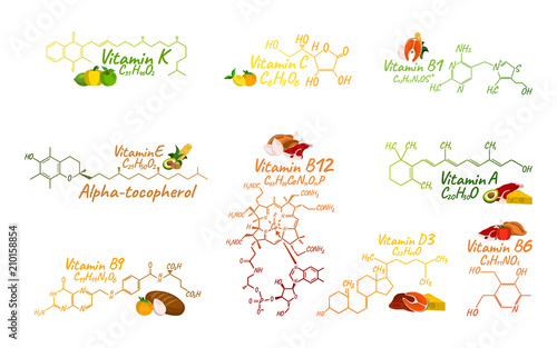 Vitamin Complex with Food B1, B6, B9, B12, K, A, E, C Label and Icon. Chemical Formula and Structure Logo. Vector Illustration