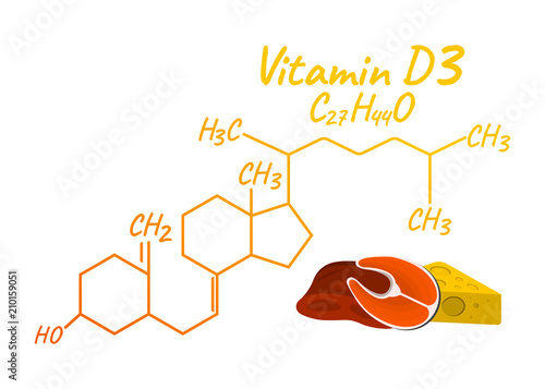 Vitamin D3 with Food Label and Icon. Chemical Formula and Structure Logo. Vector Illustration