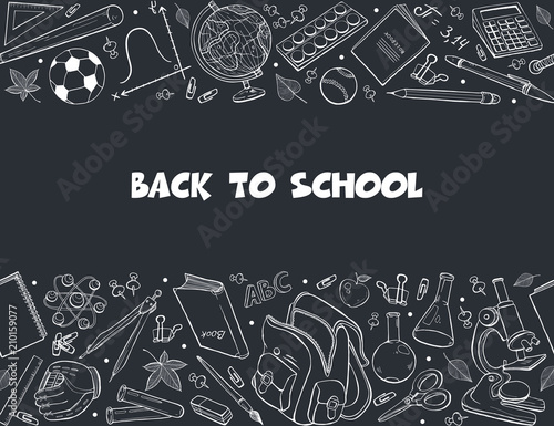 Hand drawn school objects in horisontal composition. Vector illustration of school accessories hand drawn on blackboard. Back to school.