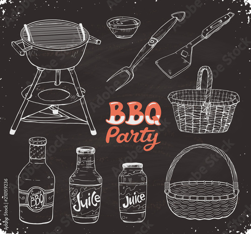 BBQ party. Hand drawn outdoor grill ion blackboard. Barbeque basket sketch. Grill time accessories and unencils.