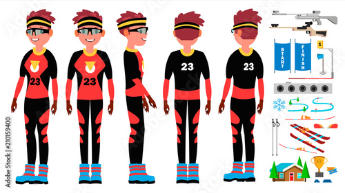 Biathlon Player Male Vector. Ski Race Skier Athlete. Ski Tracks. Winter Games. Isolated Flat Cartoon Character Illustration