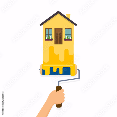Hand holding roller brush and painting a house. Flat design modern vector illustration concept.