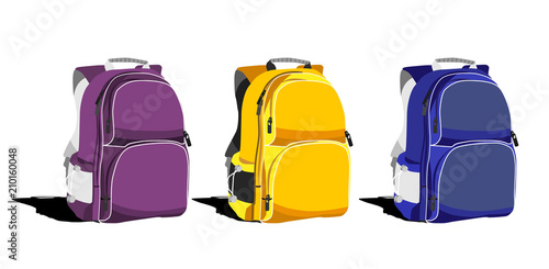 Set of multi-colored school backpacks on a white background