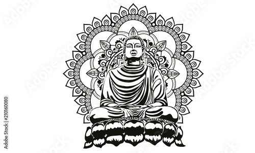 Buddha over ornate mandala round pattern esoteric, shining buddha in meditation on beautiful and magical mandala can be used as greeting card for