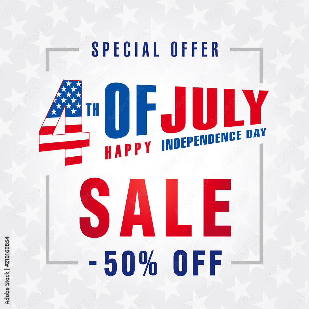 4th Of July USA, Independence Day Sale promotion background. Fourth of july sale flyer, Discount special offer -50% off. Online Sale vector banner