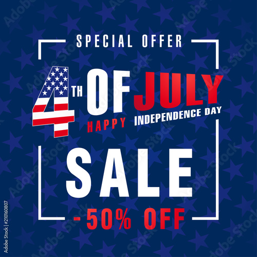4th Of July USA, Independence Day Sale promotion background. Fourth of july sale flyer, Discount special offer -50% off. Online Sale vector banner