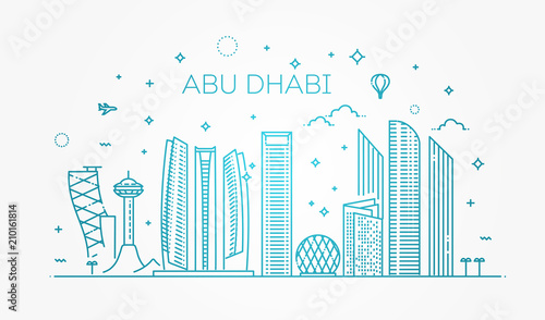 Abu Dhabi city line art Vector illustration with all famous buildings. Cityscape.