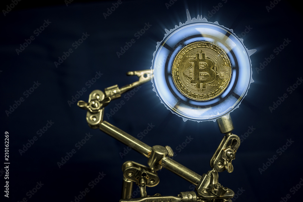 Bitcoin With analog graph and glowing dash circle Sci-Fi HUD, copy space, Block Chain Digital Investment Concept.