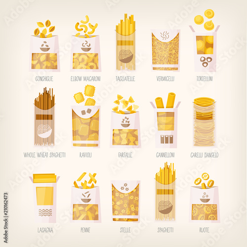 Set of different kinds of packed dry pasta with names. Variety of pasta for different receipts and dishes  