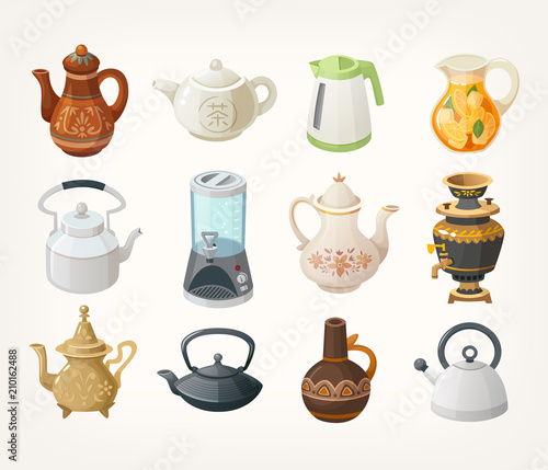 Set of different kinds of tea kettles from all over the world. Vector illustrations for your designs.