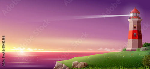Realistic lighthouse on a green hill above the sea on night. Wide banner or Wallpaper. Vector illustration.