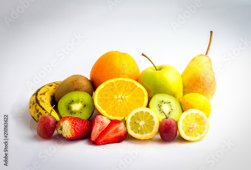 tropical fruit salad on white background