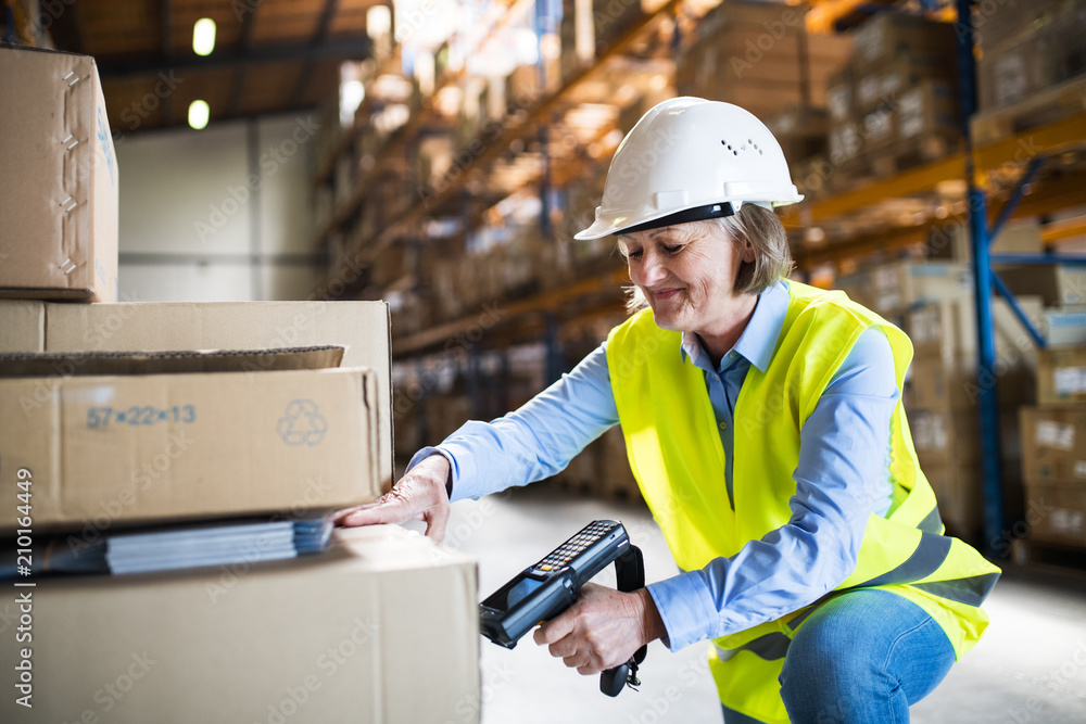 Senior warehouse woman worker working with barcode scanner. Senior warehouse woman worker working with barcode scanner.