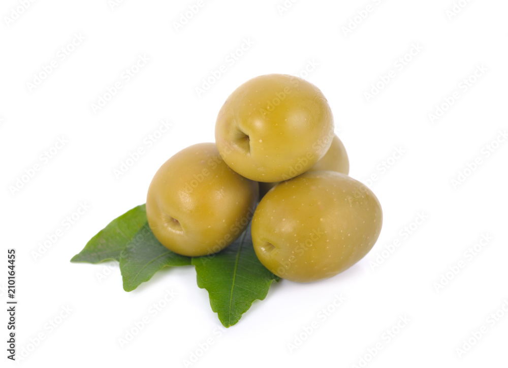 pickled olives with leaves on white background pickled olives with leaves on white background