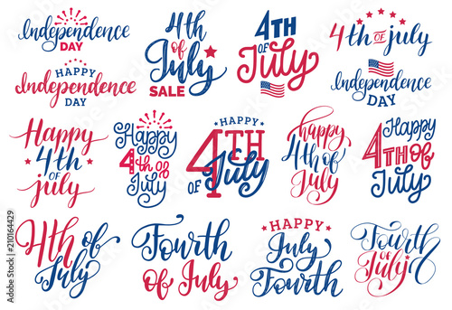 Fourth of July, handwritten phrases set for greeting card,banner etc.Vector calligraphy collection for Independence Day.