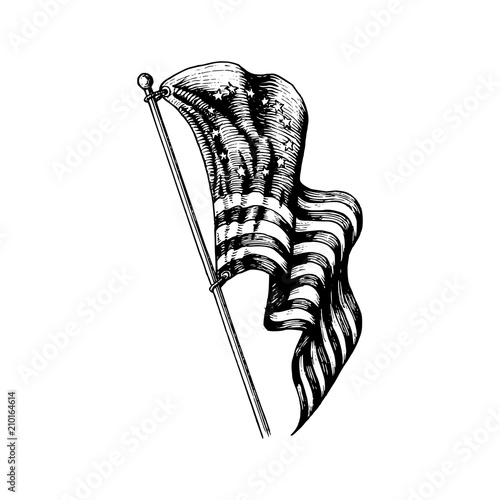 USA first flag illustration in engraved style. Vector design of Independence Day for greeting card, banner etc.