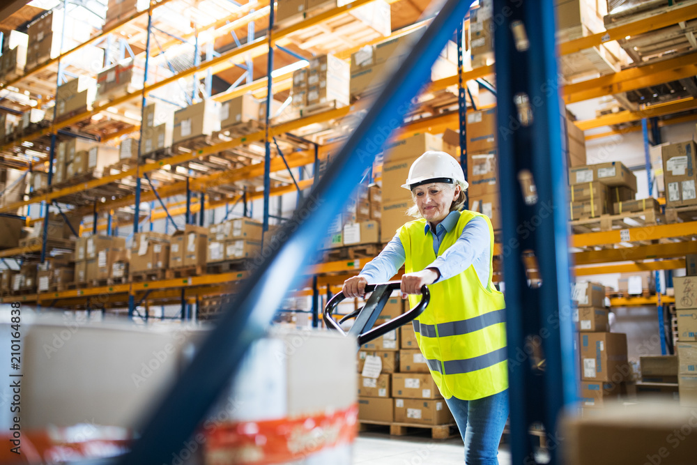 A senior woman warehouse worker pulling a pallet truck with boxes. A senior woman warehouse worker pulling a pallet truck with boxes.