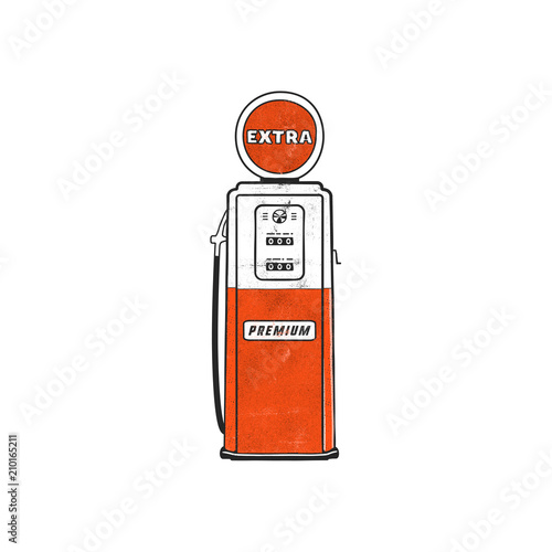 Retro style Gas station pump artwork. Vintage hand drawn design in distressed style. Unique gasoline pump illustration. Stock vector isolated on white background