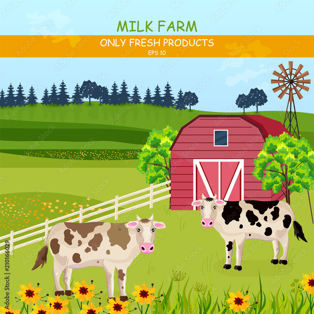 Cows in the farm Vector. Green fields summer outdoors backgrounds Cows in the farm Vector. Green fields summer outdoors backgrounds
