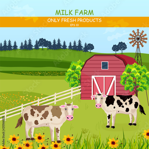 Cows in the farm Vector. Green fields summer outdoors backgrounds