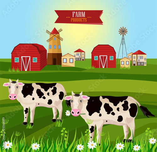 Cows eating grass farm ville Vector. Green fields summer outdoors backgrounds