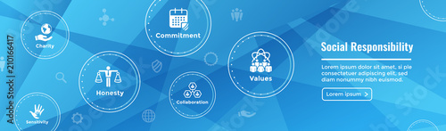  Social Responsibility Web Banner Icon Set and Web Header Banner w Honesty, integrity, & collaboration, etc