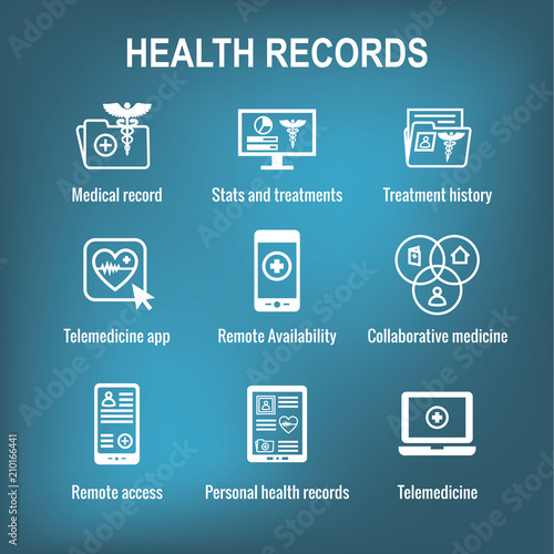 Telemedicine and Health Records Icon Set with Caduceus, file folders, computers, etc