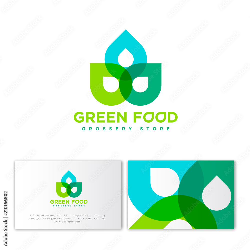 Green food logo. Grocery store emblem. Abstract transparent figures of ...