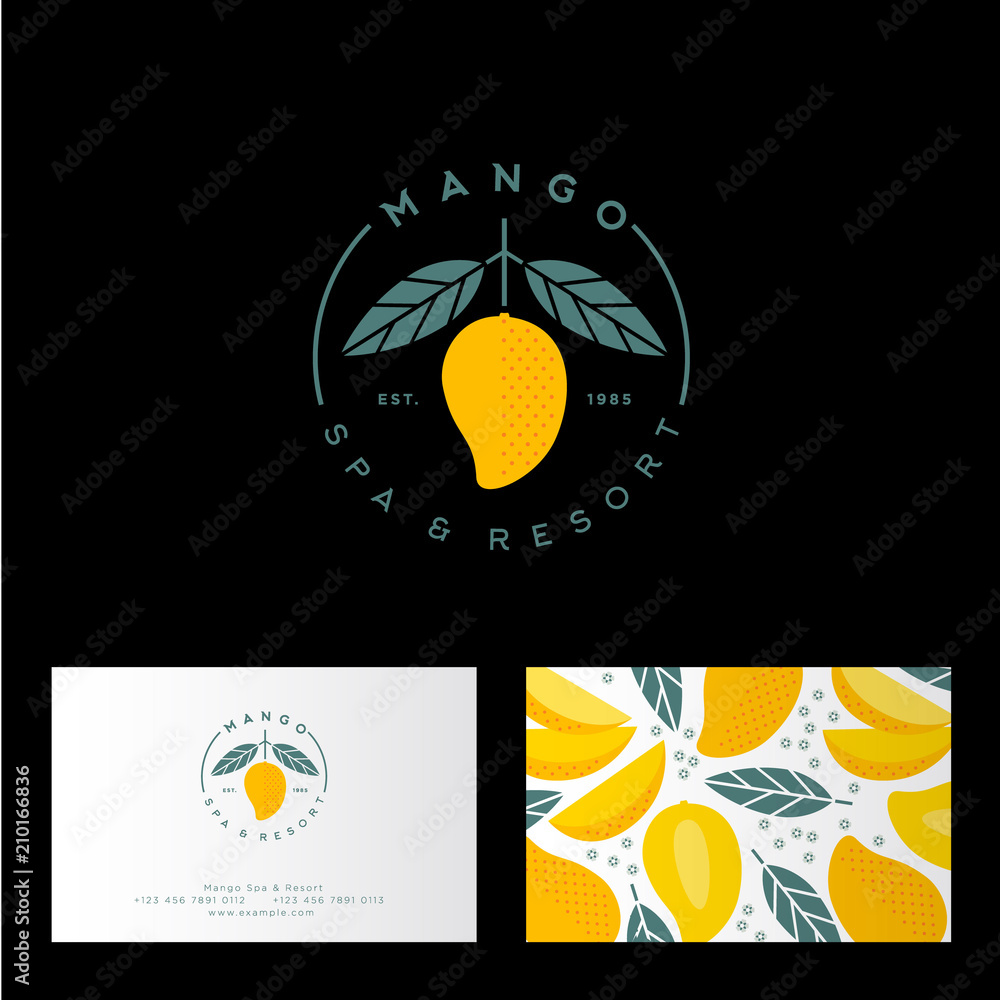 Mango spa, resort or hotel logo. Mango emblem with leaves. Identity,  business card with mango pattern. Stock Vector | Adobe Stock