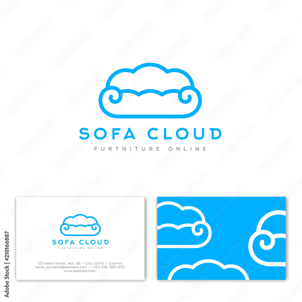 Sofa cloud logo. Blue linear sofa like fluffy cloud. Furniture shop. Identity. Business card. Sofa cloud logo. Blue linear sofa like fluffy cloud. Furniture shop. Identity. Business card.