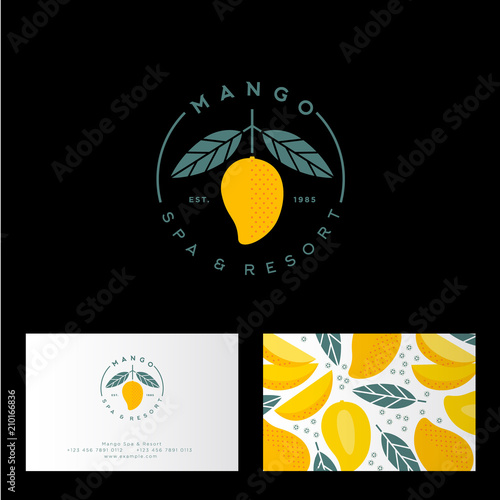 Mango spa, resort or hotel logo. Mango emblem with leaves. Identity, business card with mango pattern.