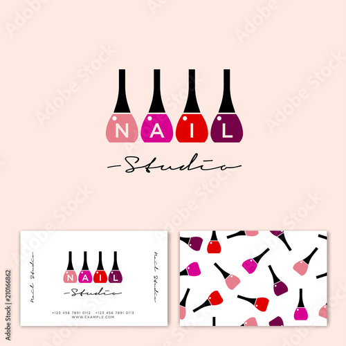 Nail studio logo. Multi-colored nail polish and letters. Nail polish on a light background. Identity. Business card.