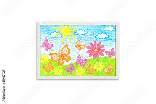 Frame mock up with colored pencils drawing  author s design illustration. Colorful butterflies and daisy flowers. Wall art decor 