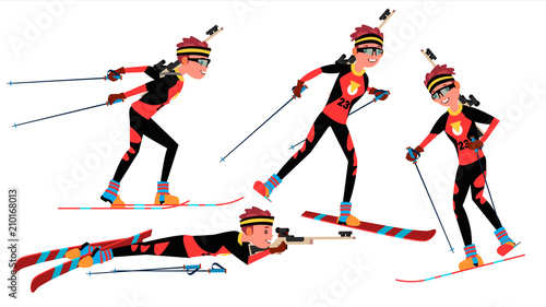 Biathlon Male Player Vector. Playing In Different Poses. Man Athlete. Rifle Gun. Participant In Competition. Shooting. Isolated On White Cartoon Character Illustration