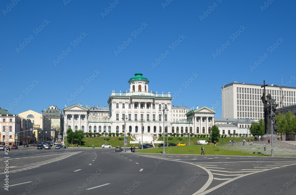Moscow, Russia - June 15, 2018: Summer view of Borovitskaya square and Pashkov house - one of the most famous classic buildings in Moscow, now owned by the Russian State library