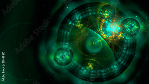 Abstract 3D fractal illustration in green and yellow color