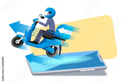 The Easy ordering an online shop goods with smartphone and fast delivery service around city by motorcycle staff.