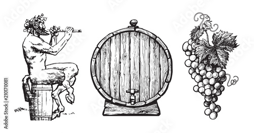 Hand drawn elements for wine design. Satyr, barrel, bunch of grapes. Vector.