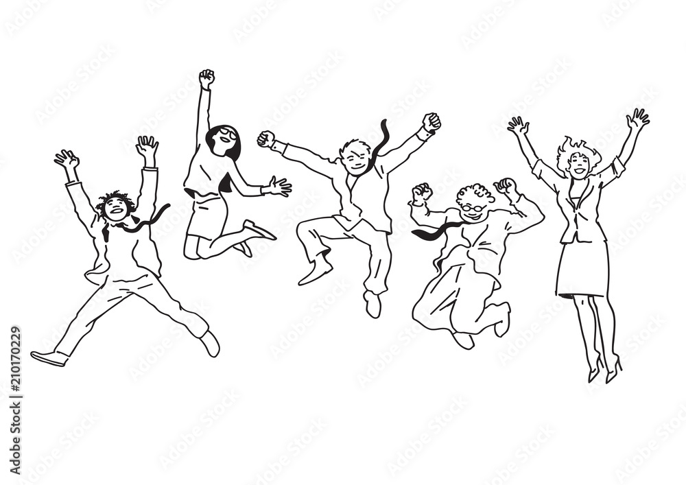Business people men and women jumping for joy. Vector.