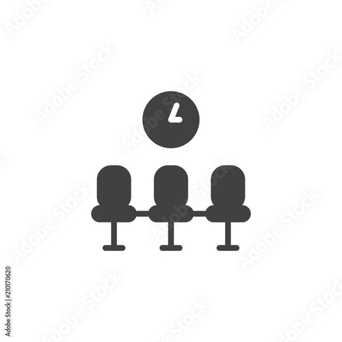Waiting room vector icon. filled flat sign for mobile concept and web design. Chairs and wall clock simple solid icon. Symbol, logo illustration. Pixel perfect vector graphics