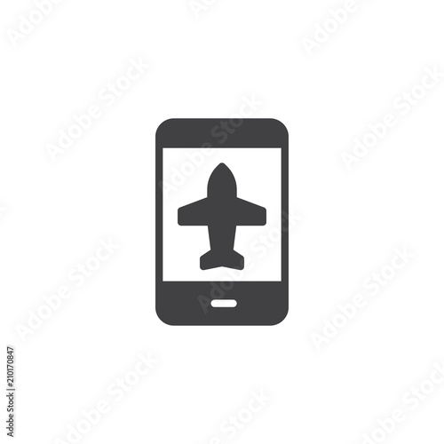 Smartphone with plane vector icon. filled flat sign for mobile concept and web design. e-ticket phone app simple solid icon. Symbol, logo illustration. Pixel perfect vector graphics