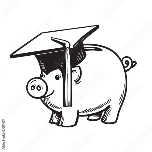 Piggy bank in Graduation hat. Vector.