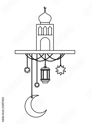 arabic castle with moon and decoration hanging vector illustration design