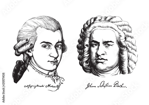 Wolfgang Amadeus Mozart and Johann Sebastian Bach. Vector.